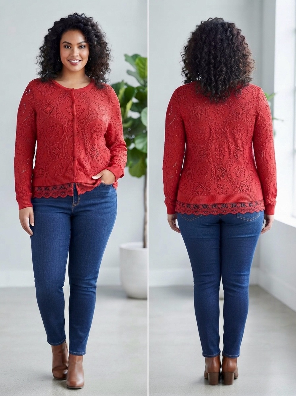 Cato Red Button-Front Cardigan Sweater with Lace Hem Size L